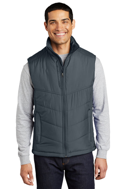 Front View of Dark Slate Port Authority Puffy Vest. J709 plain