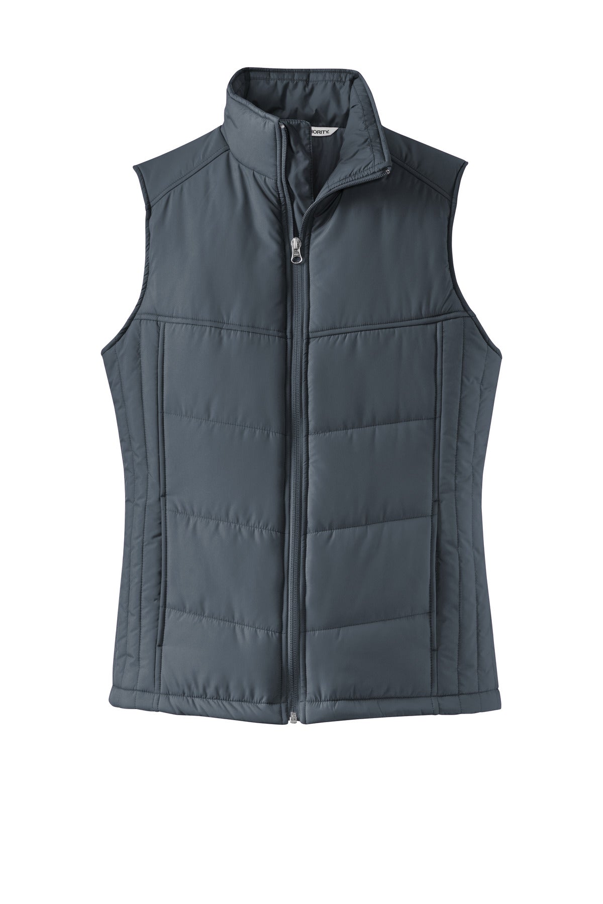 Front View of Dark Slate Port Authority Women's Puffy Vest. L709 plain
