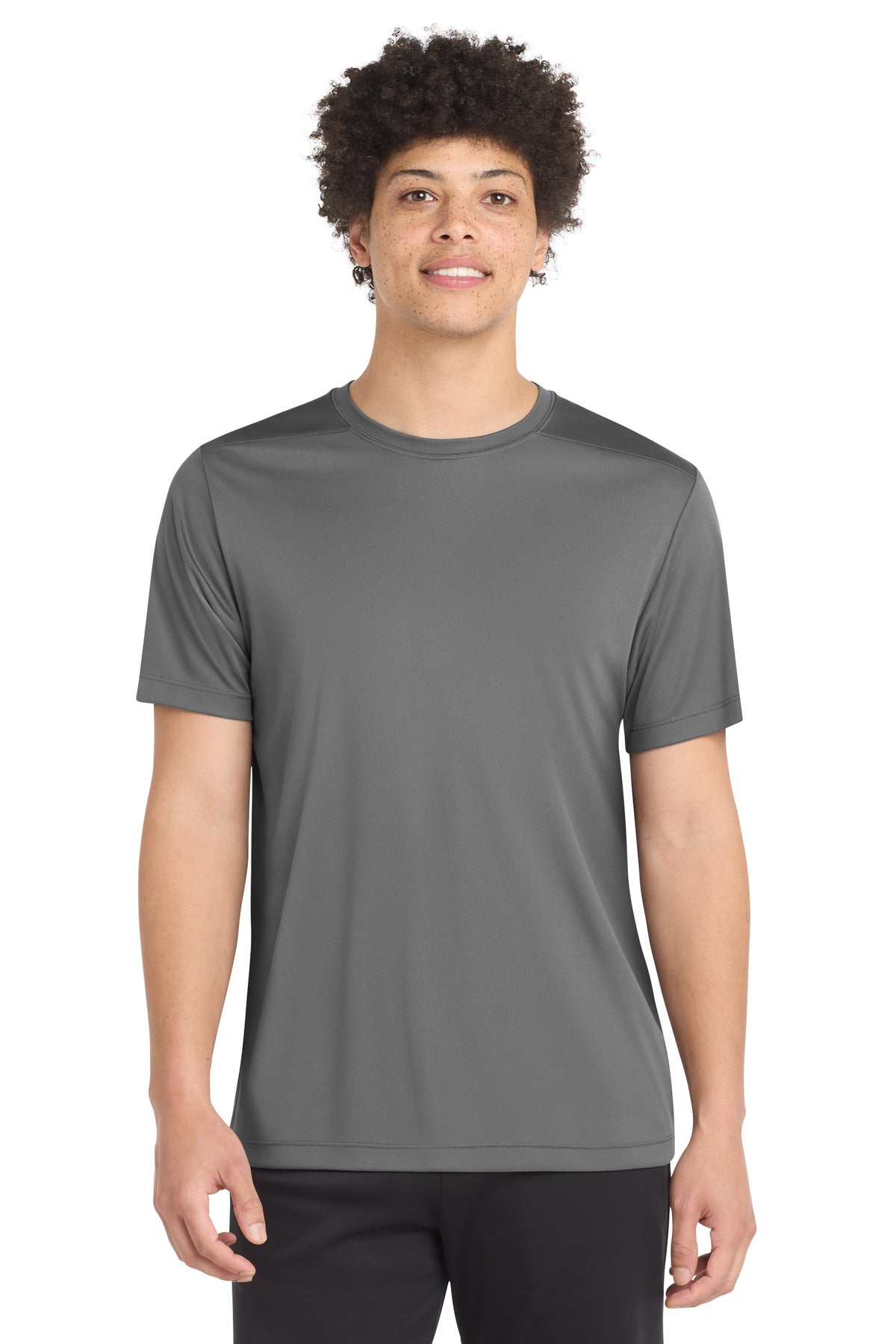 Front View of Dark Smoke Gry Sport-Tek Posi-UV Pro Tee. ST420 plain