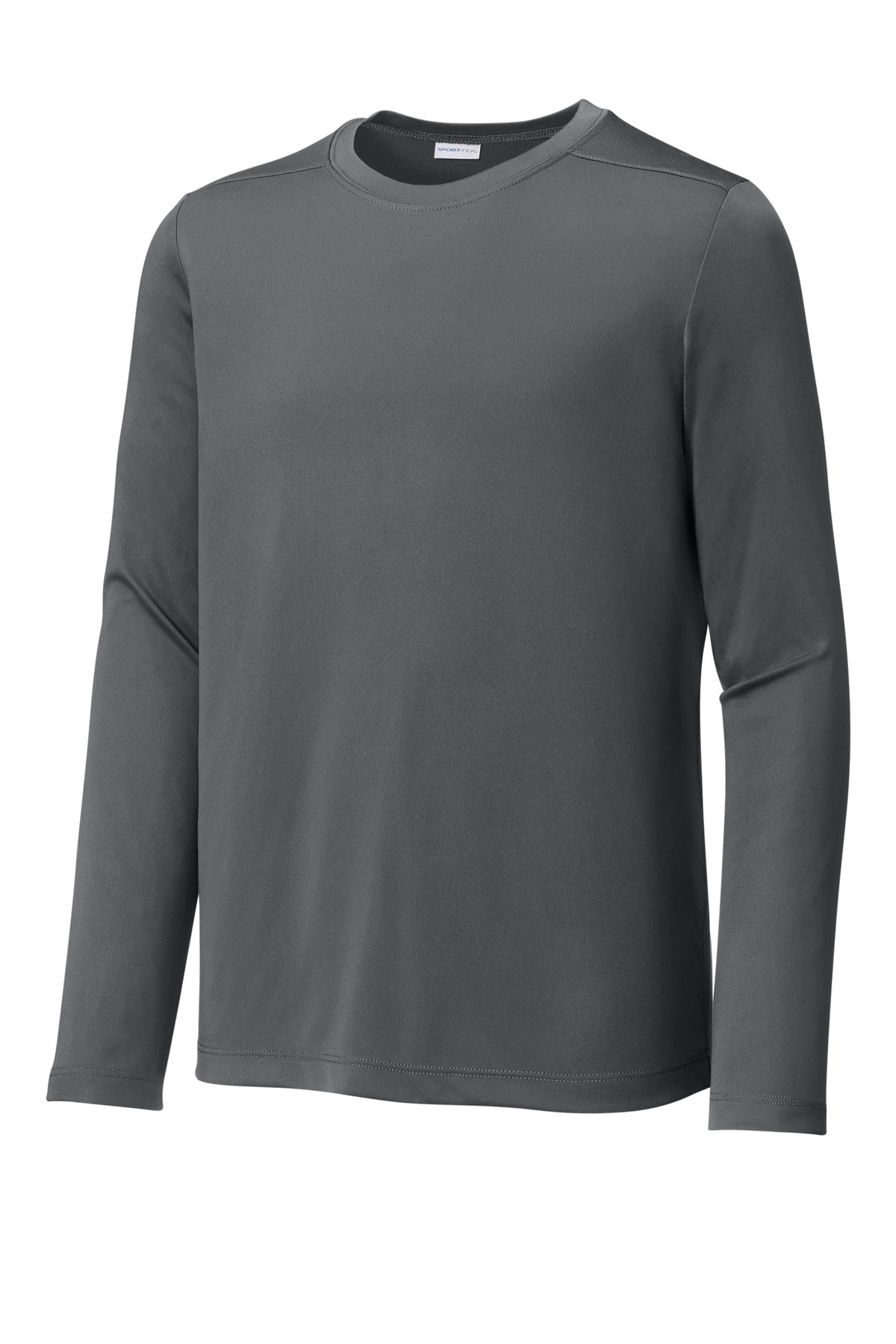 Front View of Dark Smoke Gry Sport-Tek Youth Posi-UV Pro Long Sleeve Tee. YST420LS plain