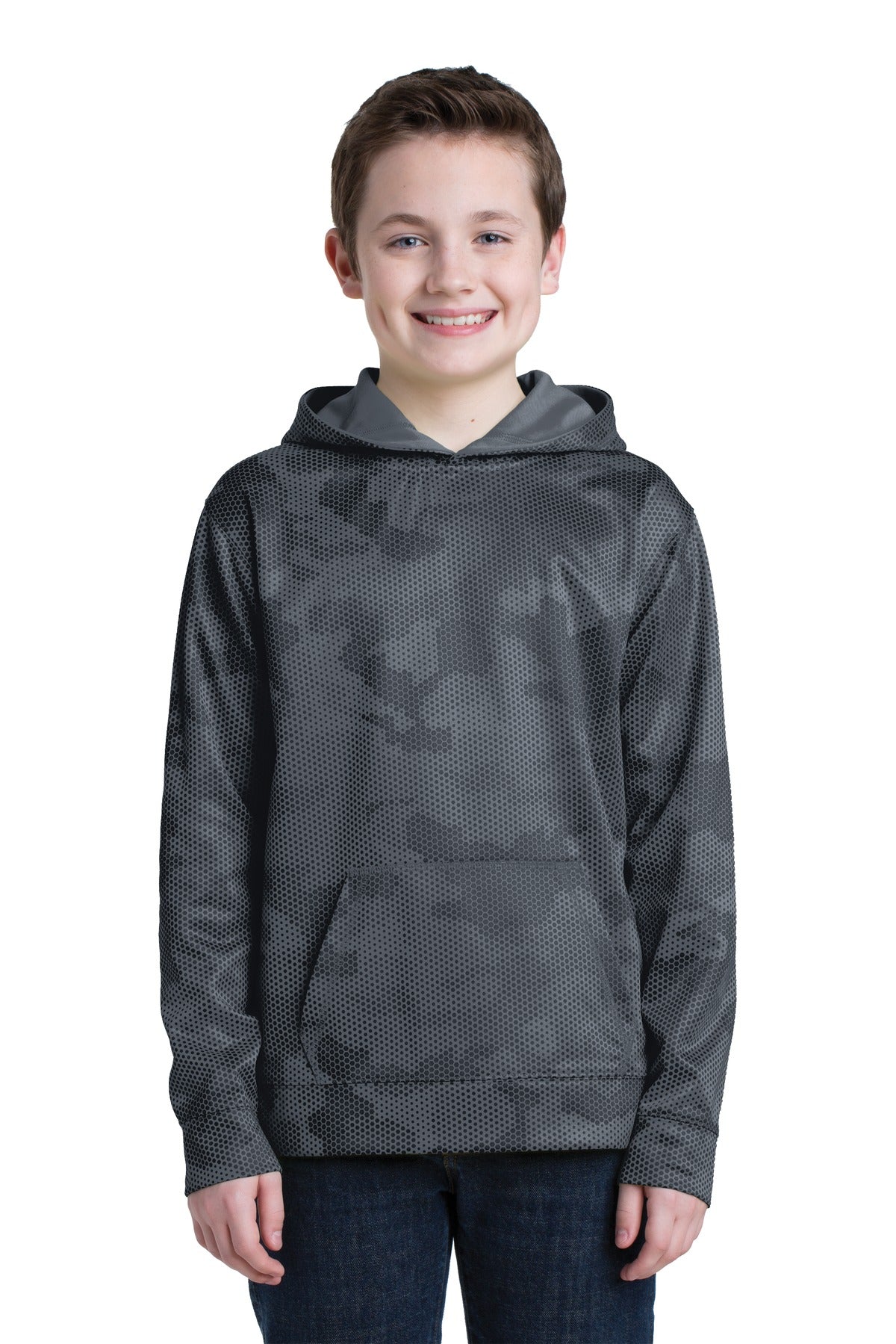 Front View of Dark Smoke Gry Sport-Tek Youth Sport-Wick CamoHex Fleece Hooded Pullover. YST240 plain