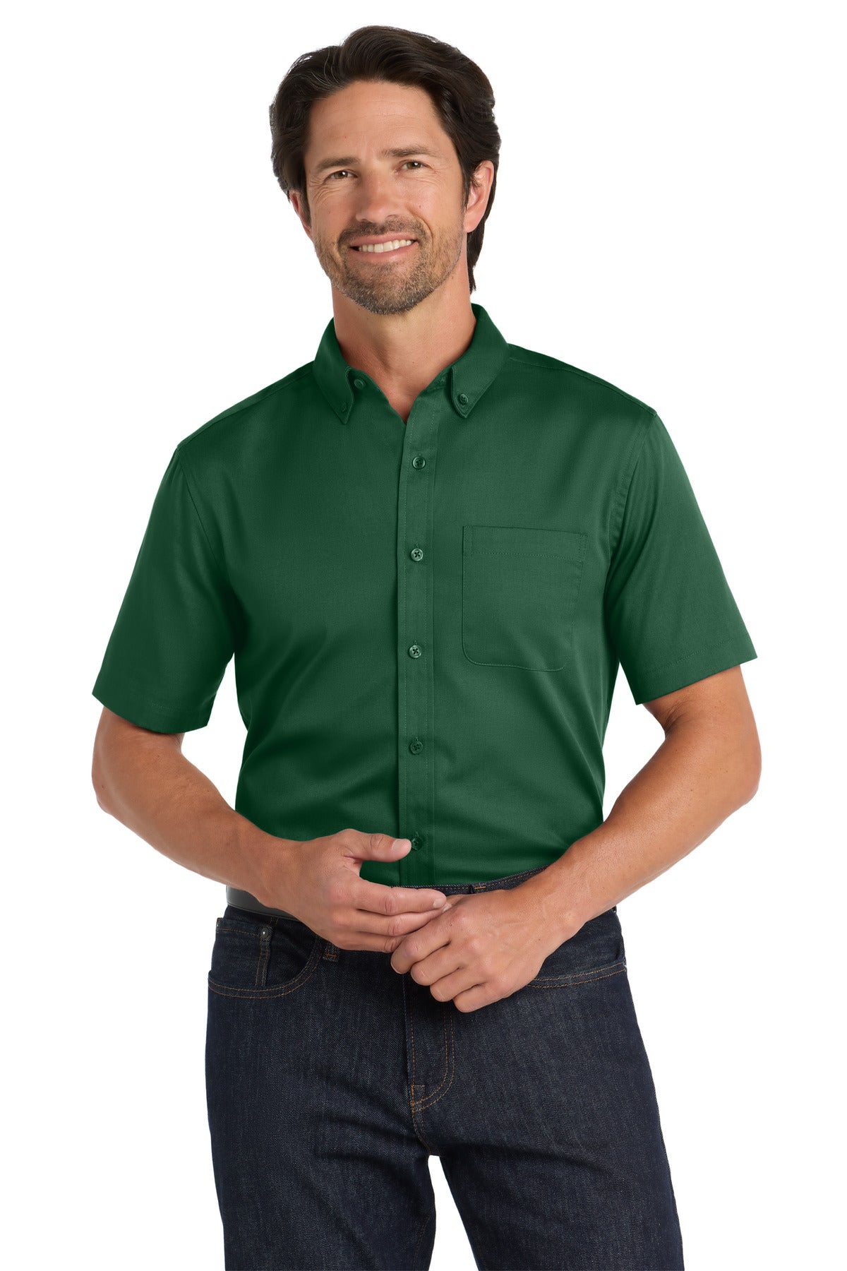 Front View of DarkGreen Port Authority Short Sleeve SuperPro React Twill Shirt. W809 plain