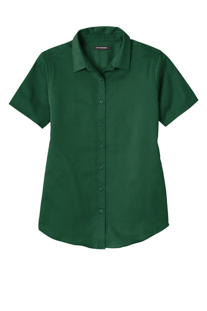 Front View of DarkGreen Port Authority Women's Short Sleeve SuperPro React Twill Shirt. LW809 plain