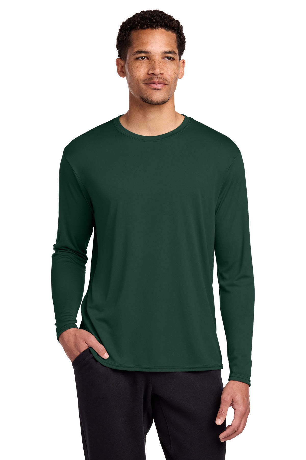 Front View of DarkGreen Port & Co Long Sleeve Performance Tee. PC380LS plain