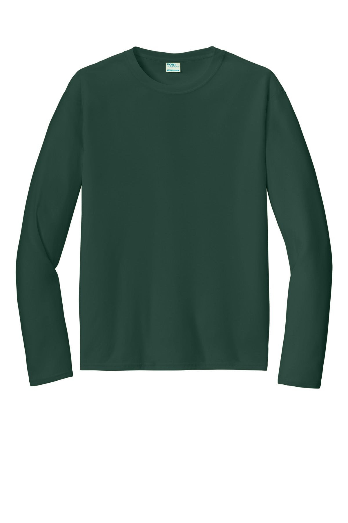 Front View of DarkGreen Port & Co Long Sleeve Performance Tee. PC380LS plain