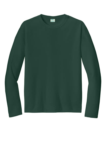 Front View of DarkGreen Port & Co Long Sleeve Performance Tee. PC380LS plain