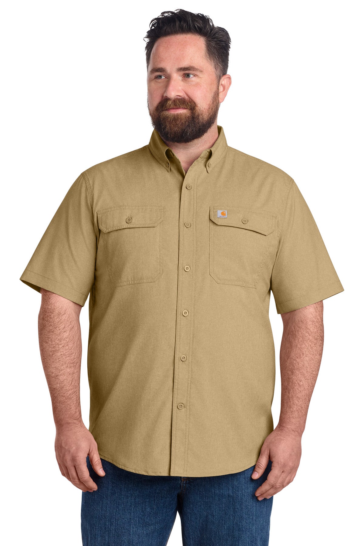 Front View of DarkKhaki Carhartt Force Solid Short Sleeve Shirt CT105292 plain