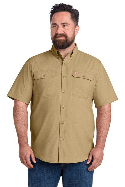 Front View of DarkKhaki Carhartt Force Solid Short Sleeve Shirt CT105292 plain