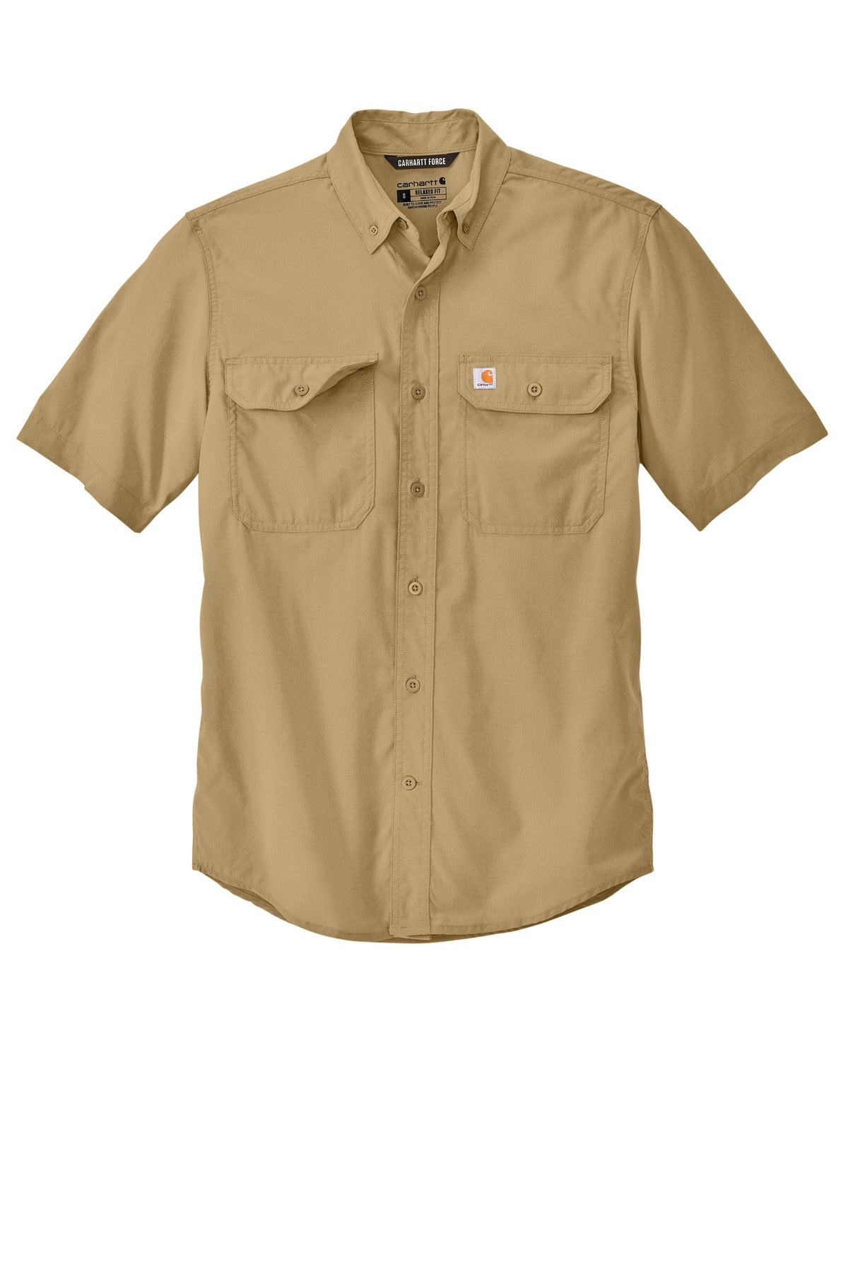 Front View of DarkKhaki Carhartt Force Solid Short Sleeve Shirt CT105292 plain