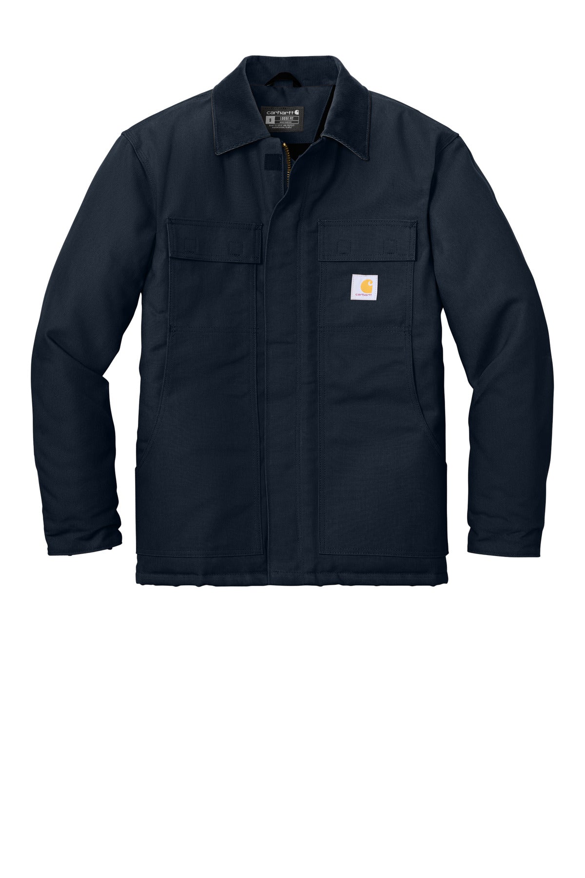 Front View of DarkNavy Carhartt Duck Traditional Coat. CT106674 plain