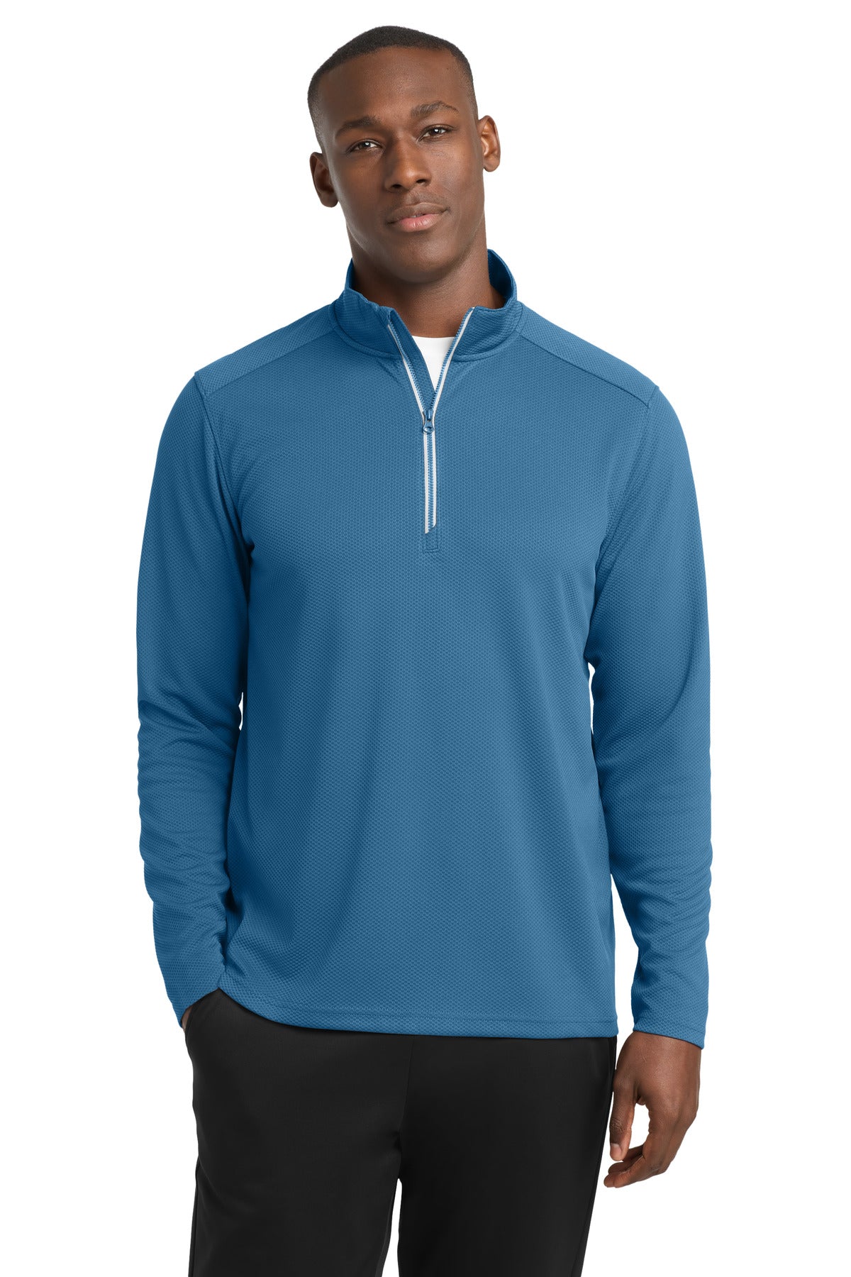 Front View of Dawn Blue Sport-Tek Sport-Wick Textured 1/4-Zip Pullover. ST860 plain