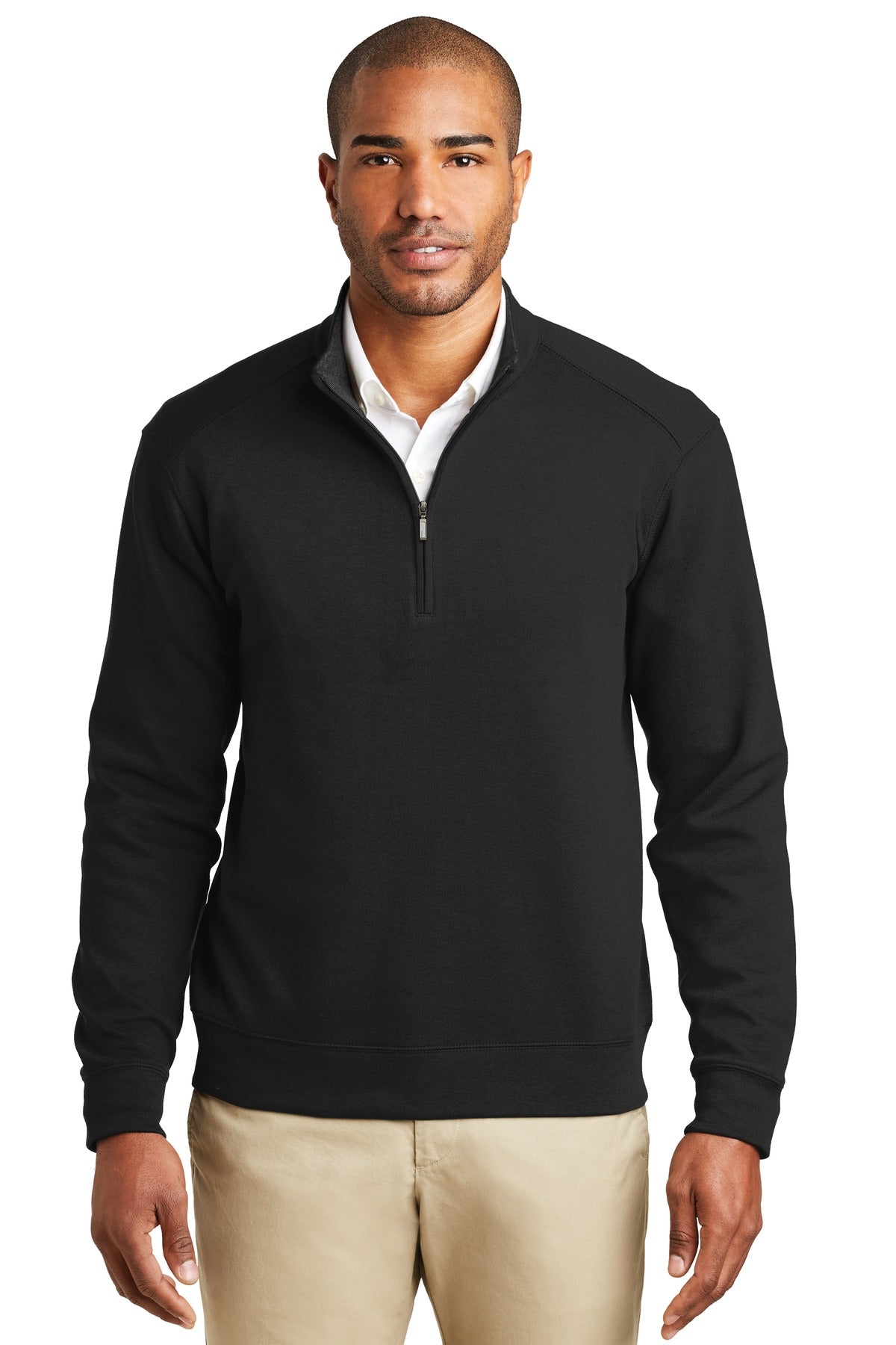 Front View of Deep Bk/Cha He Port Authority Interlock 1/4-Zip. K807 plain