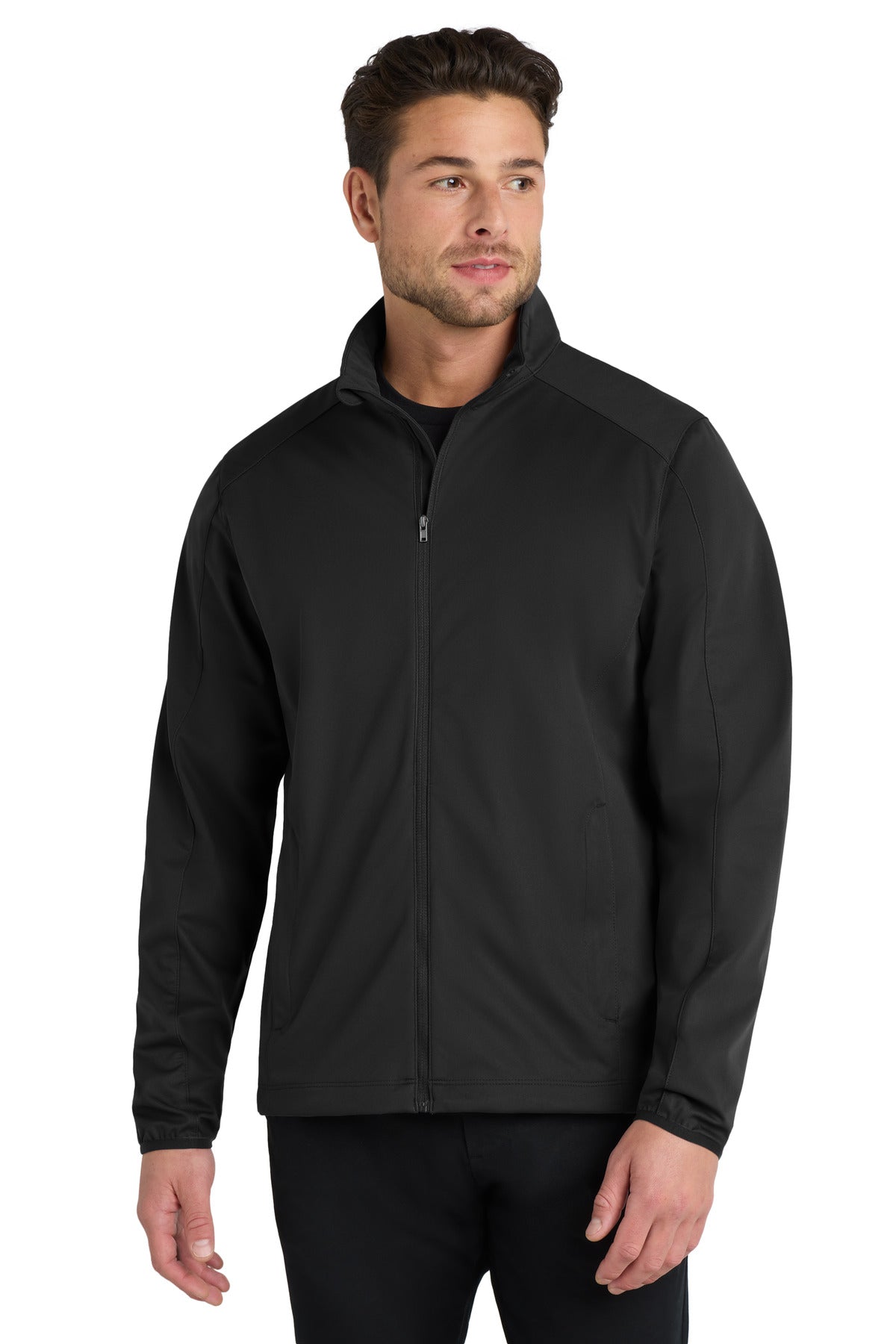 Front View of Deep Black Port Authority Active Soft Shell Jacket. J717 plain