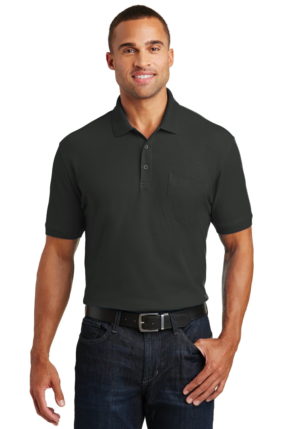 Front View of Deep Black Port Authority Core Classic Pique Pocket Polo. K100P plain