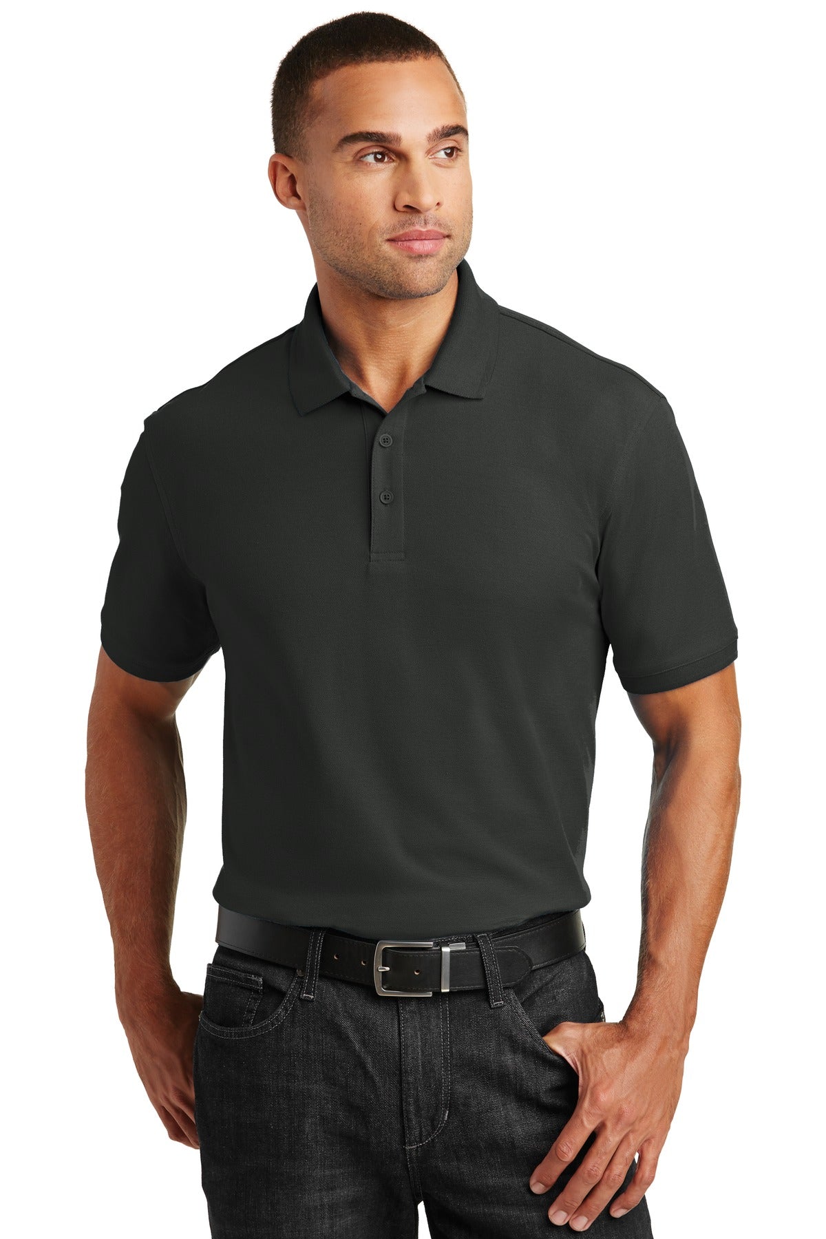 Front View of Deep Black Port Authority Core Classic Pique Polo. K100 plain