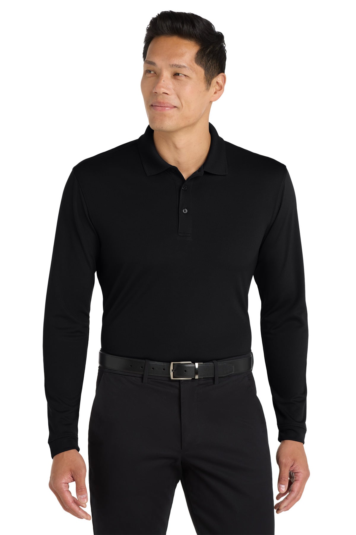 Front View of Deep Black Port Authority Dry Zone UV Micro-Mesh Long Sleeve Polo K110LS plain