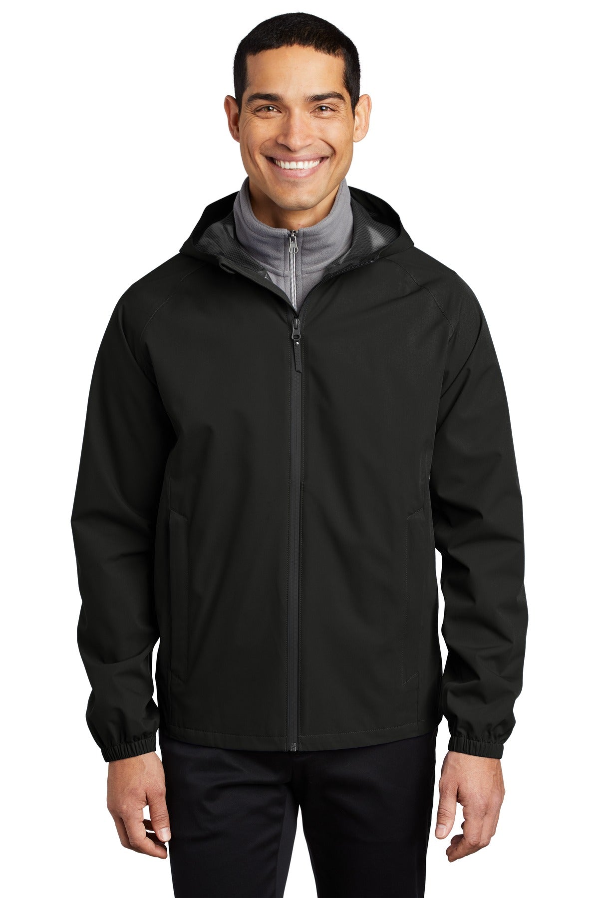 Front View of Deep Black Port Authority Essential Rain Jacket J407 plain