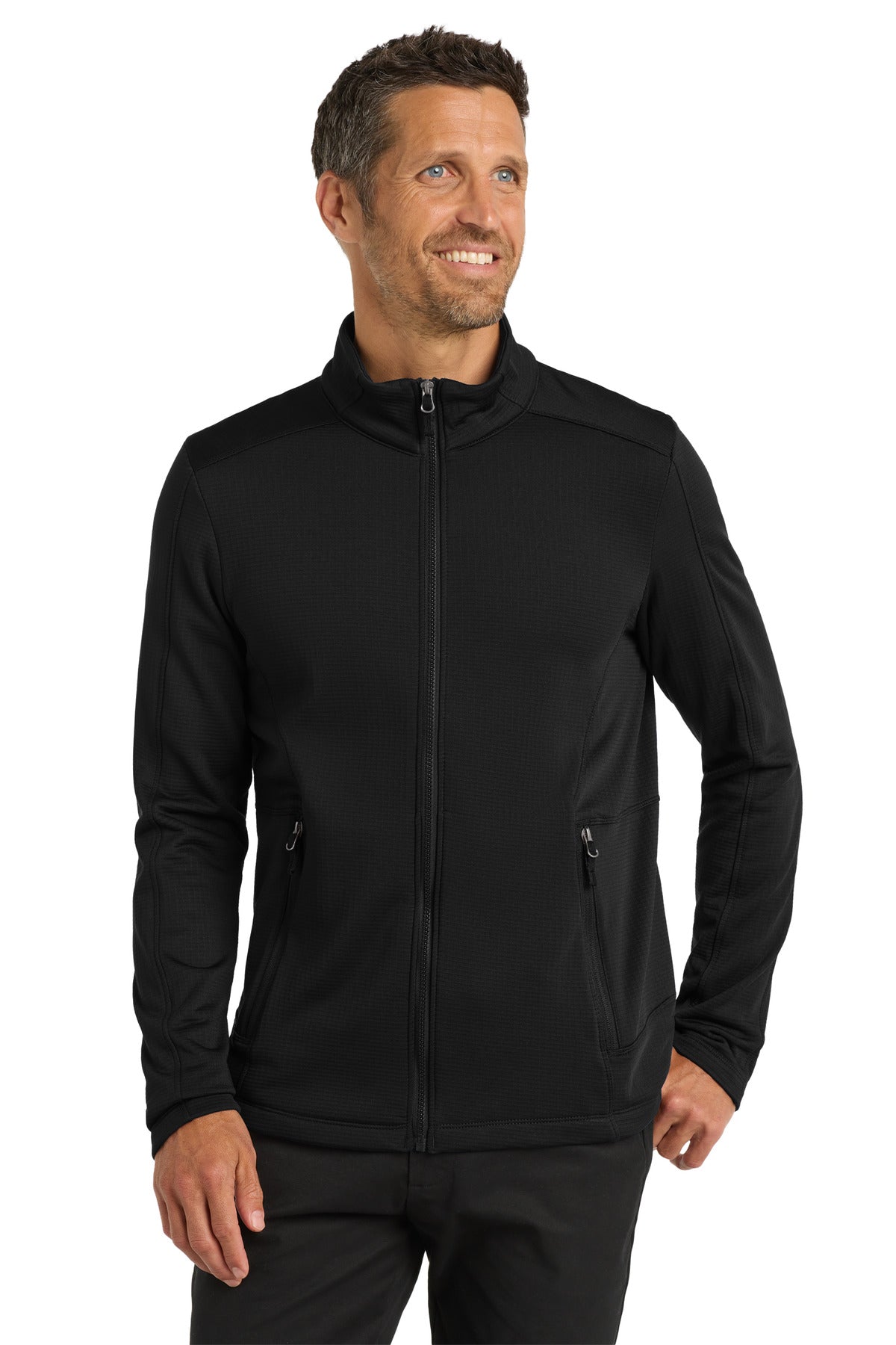 Front View of Deep Black Port Authority Grid Fleece Jacket. F239 plain