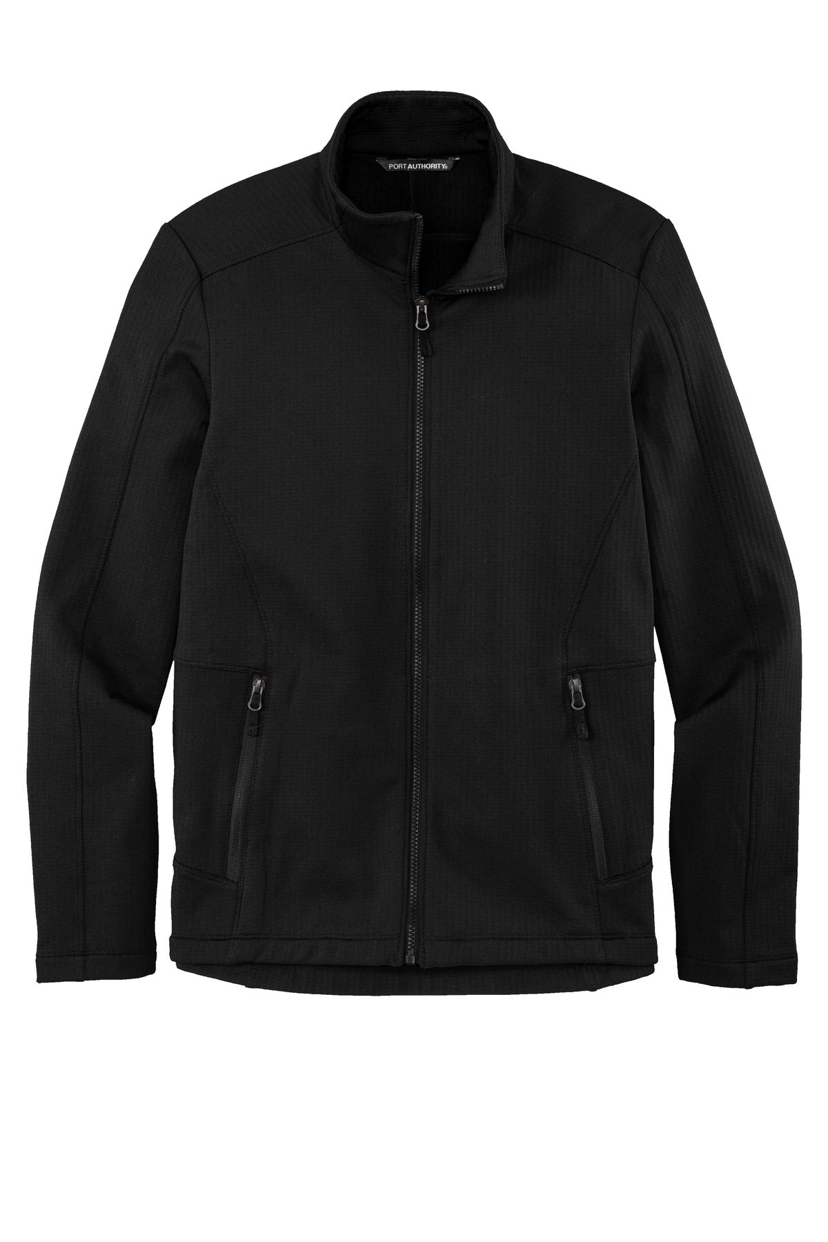 Front View of Deep Black Port Authority Grid Fleece Jacket. F239 plain