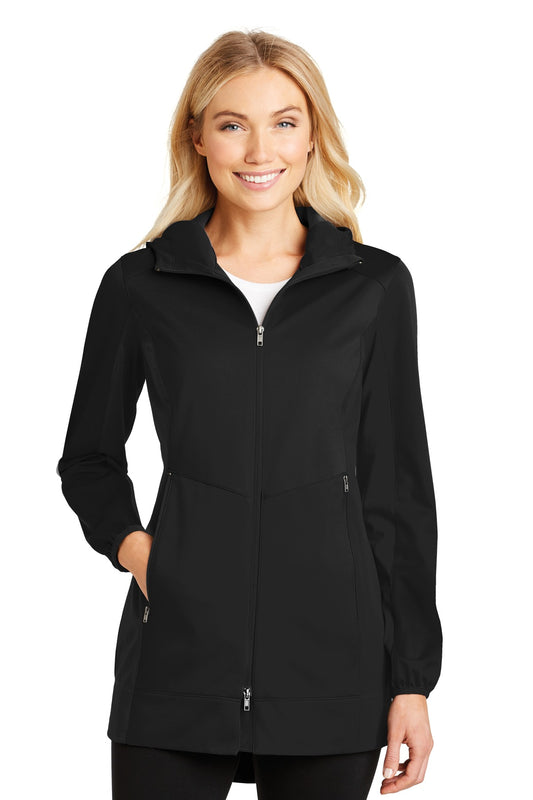 Front View of Deep Black Port Authority Women's Active Hooded Soft Shell Jacket. L719 plain