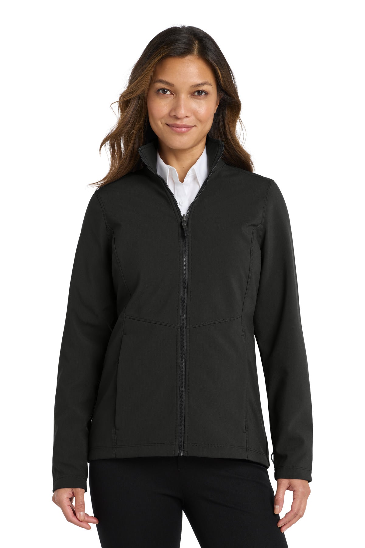 Front View of Deep Black Port Authority Women's Collective Soft Shell Jacket. L901 plain