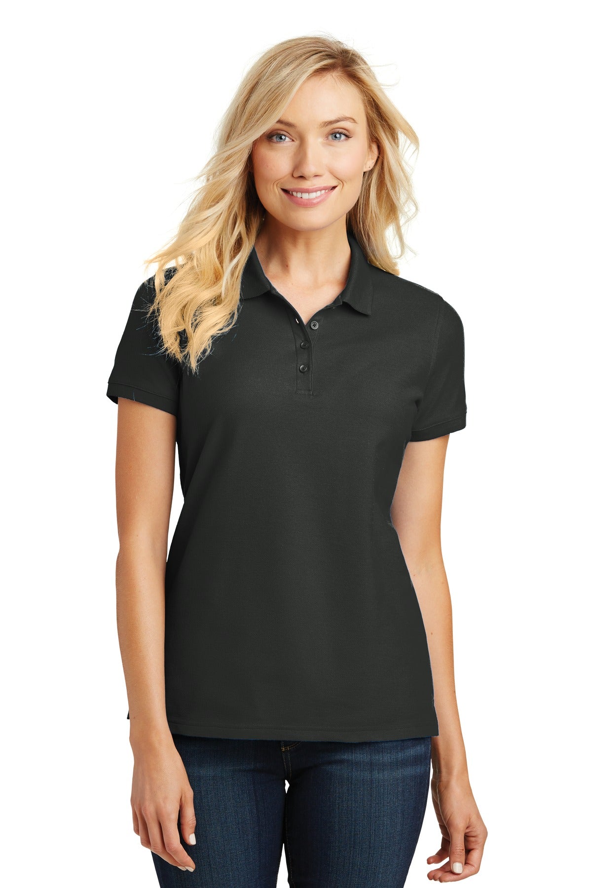Front View of Deep Black Port Authority Women's Core Classic Pique Polo. L100 plain