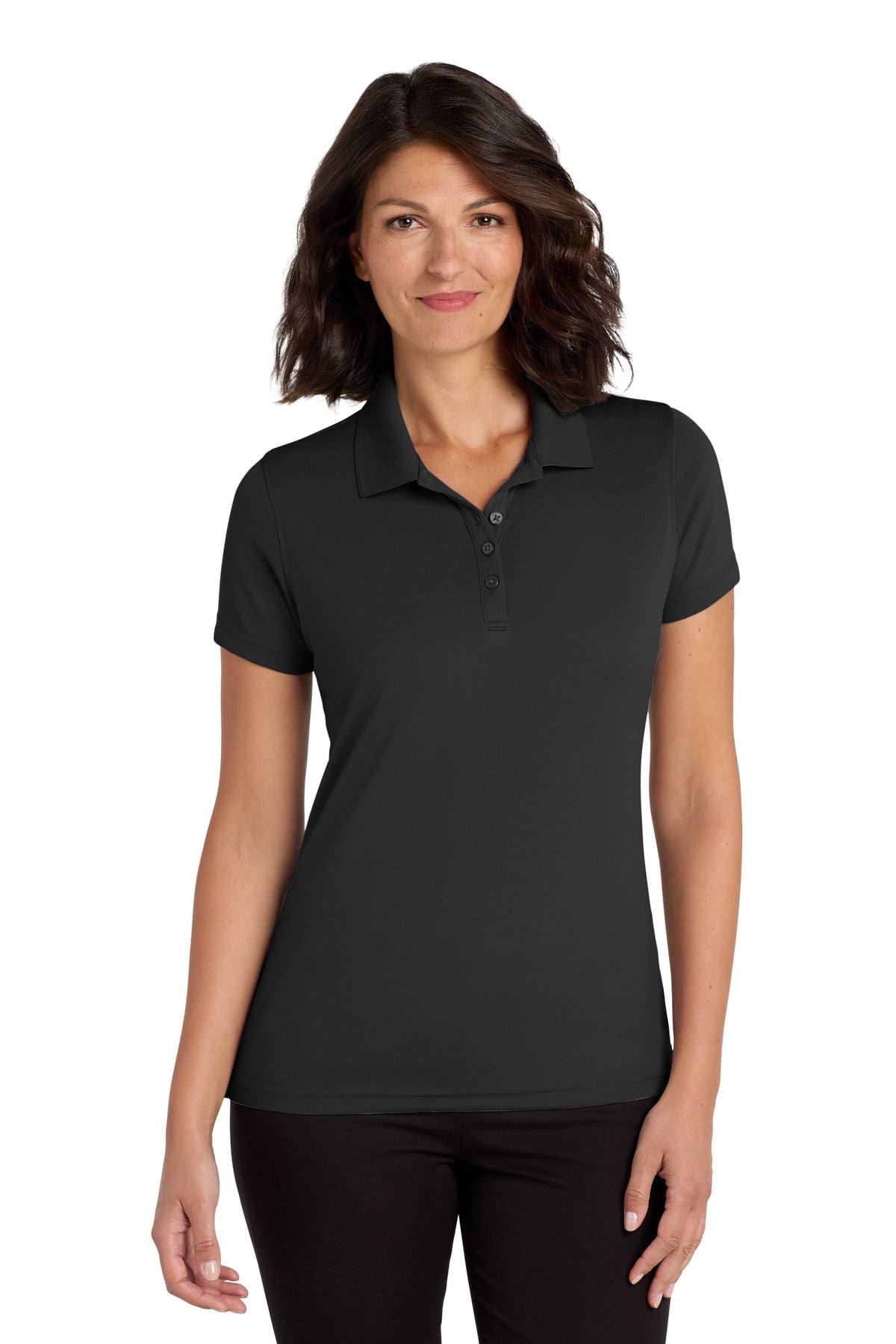 Front View of Deep Black Port Authority Women's Dry Zone UV Micro-Mesh Polo. LK110 plain