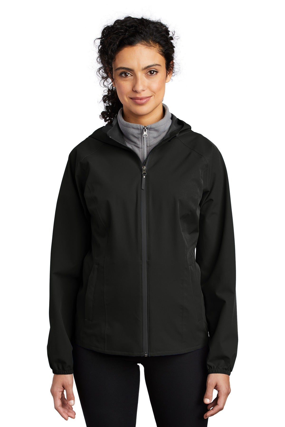 Front View of Deep Black Port Authority Women's Essential Rain Jacket L407 plain