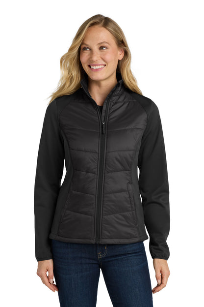 Front View of Deep Black Port Authority Women's Hybrid Soft Shell Jacket. L787 plain