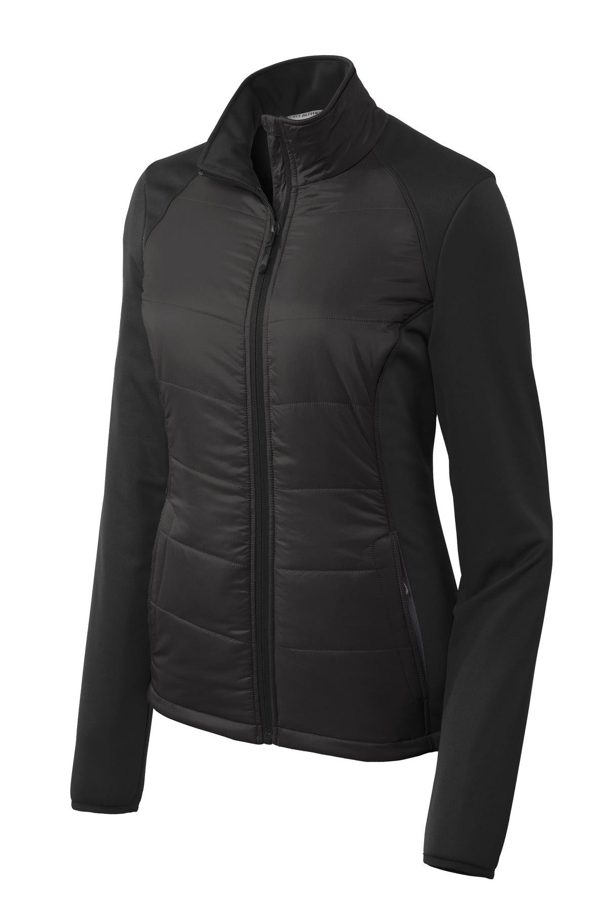 Front View of Deep Black Port Authority Women's Hybrid Soft Shell Jacket. L787 plain