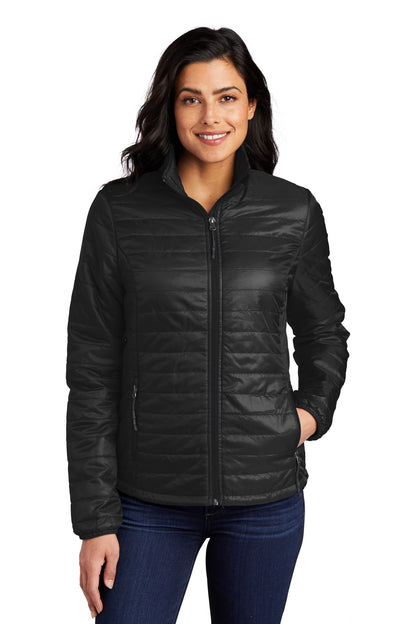 Front View of Deep Black Port Authority Women's Packable Puffy Jacket L850 plain