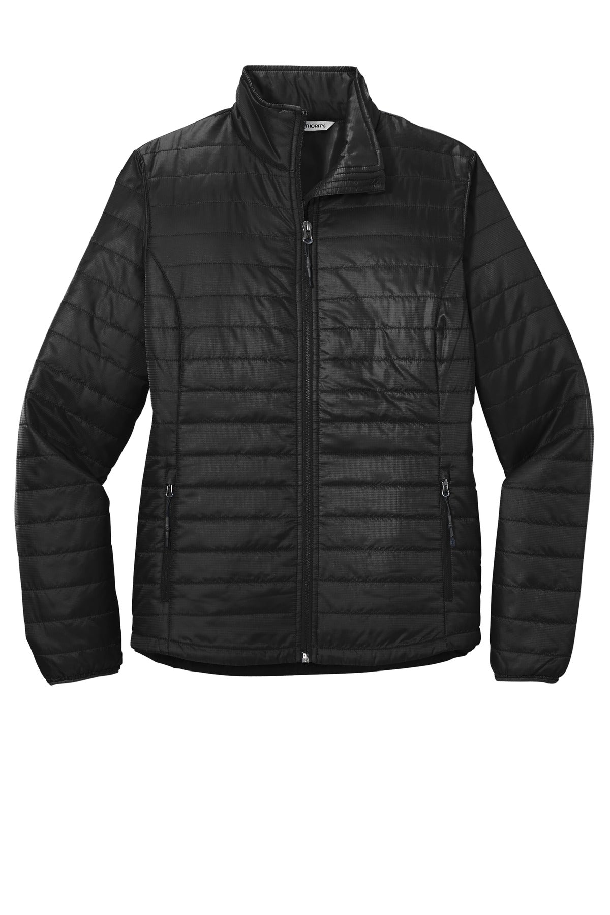 Front View of Deep Black Port Authority Women's Packable Puffy Jacket L850 plain