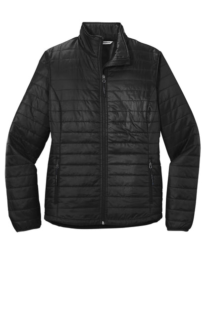 Front View of Deep Black Port Authority Women's Packable Puffy Jacket L850 plain