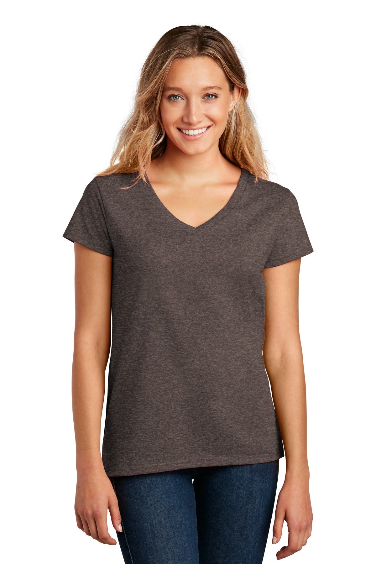 Front View of Deep Brown Hth District Women's Re-Tee V-Neck DT8001 plain