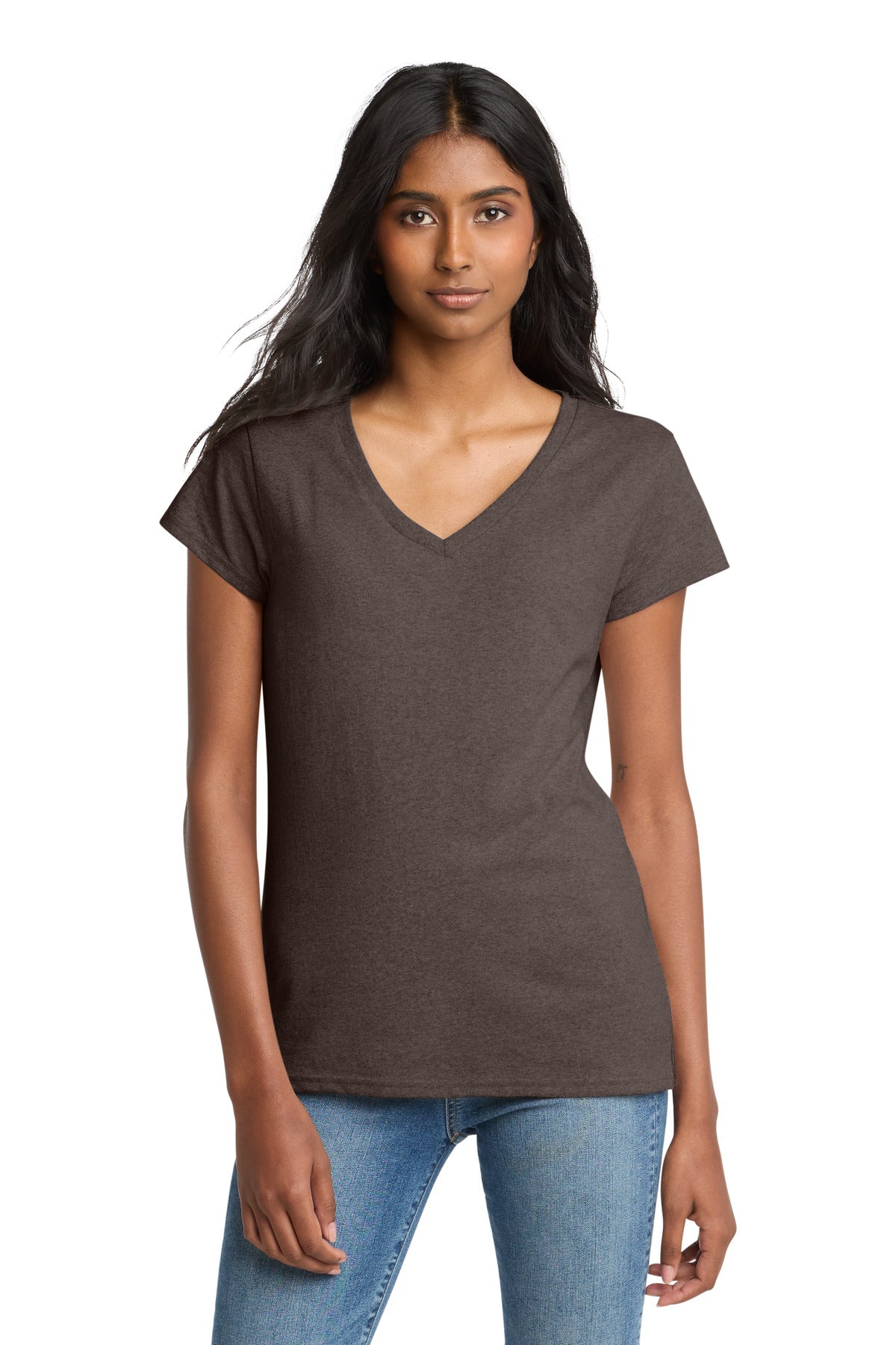 Front View of Deep Brown Hth District Women's Re-Tee V-Neck DT8001 plain