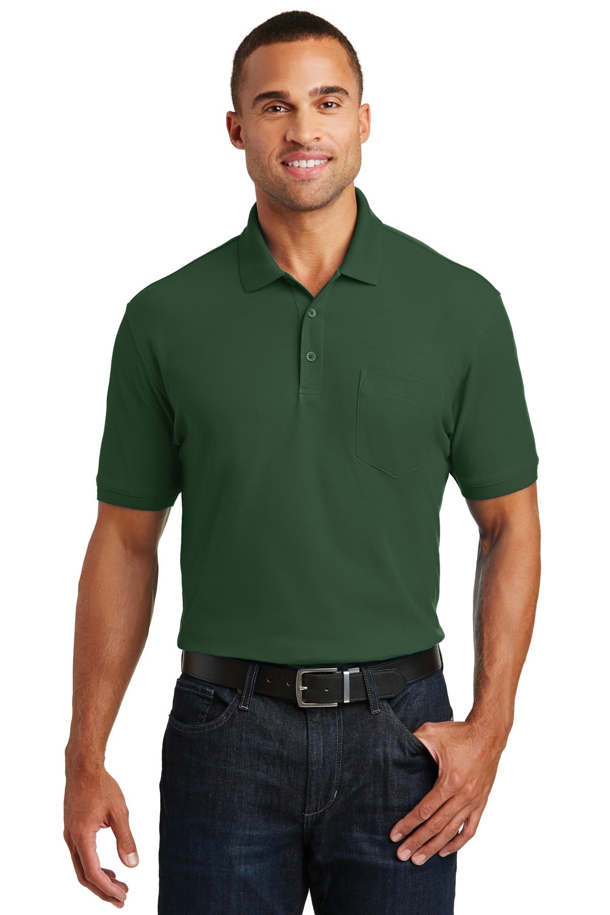 Front View of Deep For Green Port Authority Core Classic Pique Pocket Polo. K100P plain