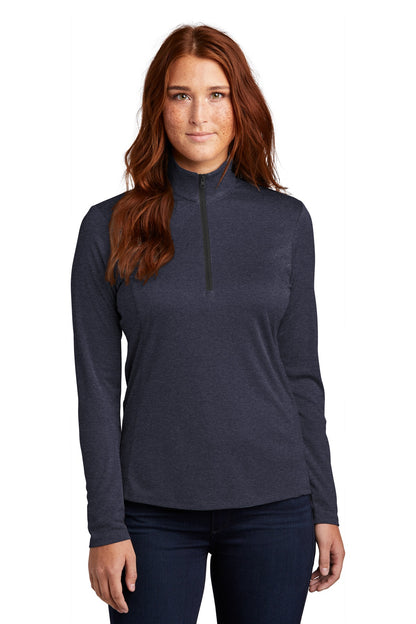 Front View of Deep Navy Hthr Sport-Tek Women's Endeavor 1/2-Zip Pullover. LST469 plain