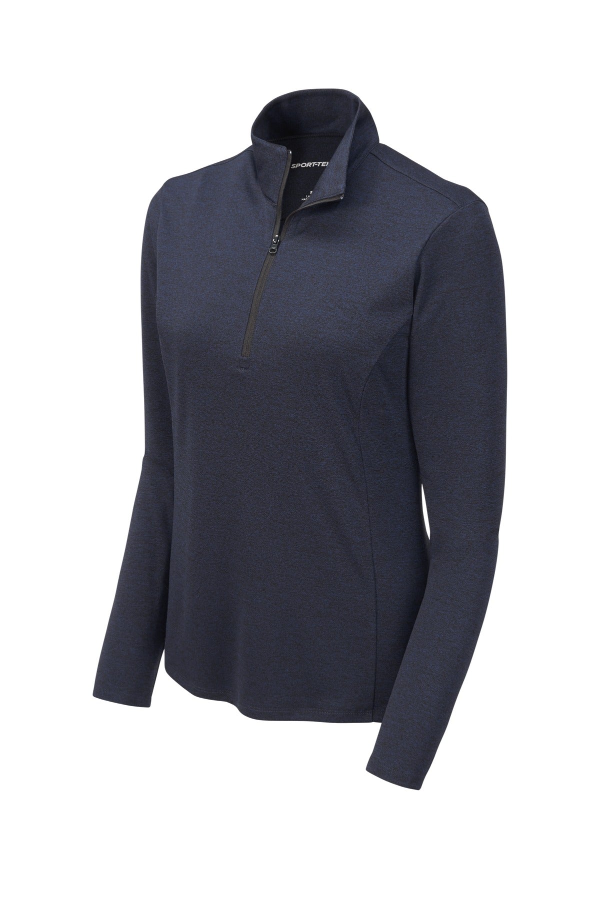 Front View of Deep Navy Hthr Sport-Tek Women's Endeavor 1/2-Zip Pullover. LST469 plain