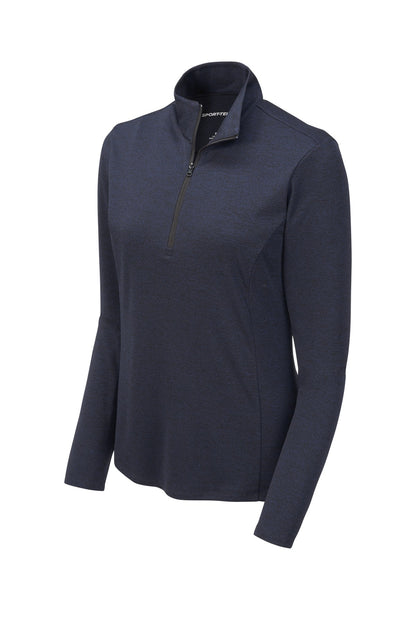 Front View of Deep Navy Hthr Sport-Tek Women's Endeavor 1/2-Zip Pullover. LST469 plain