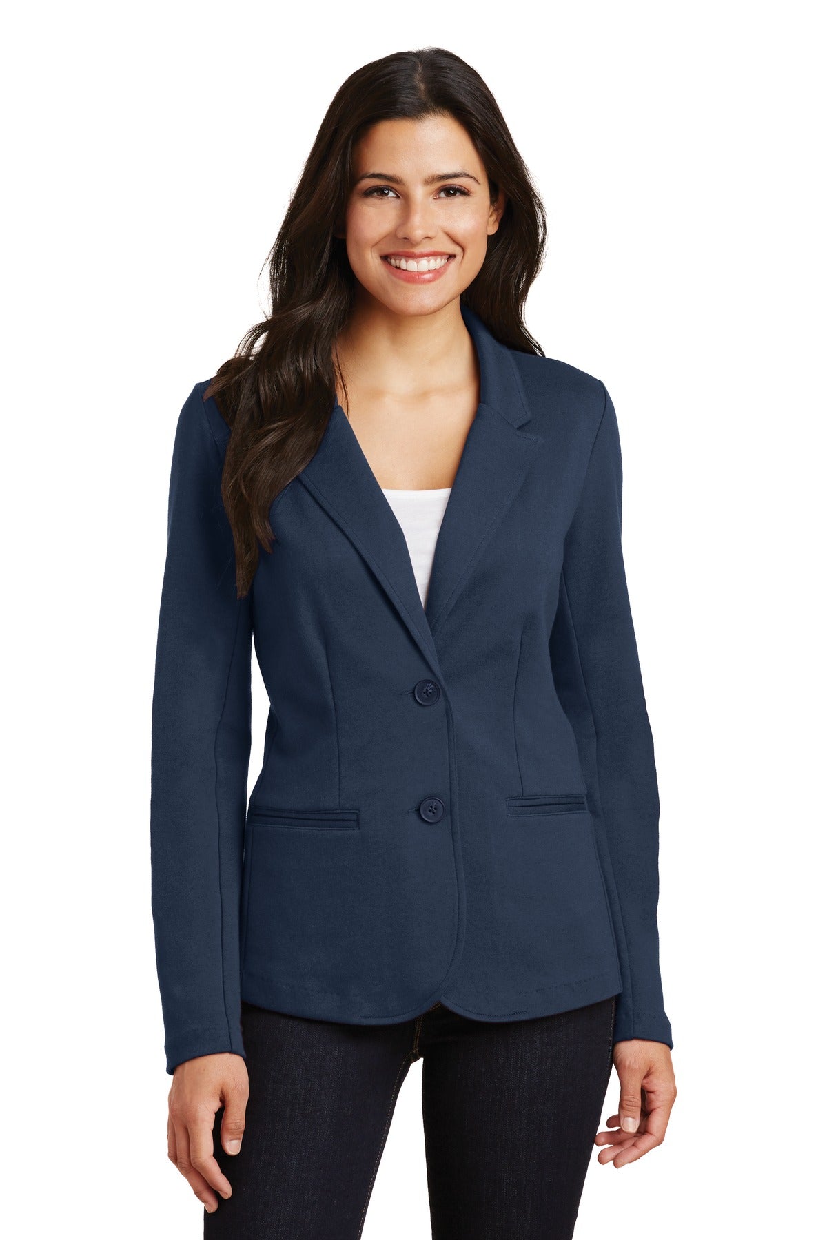 Front View of Deep Navy Port Authority Women's Knit Blazer. LM2000 plain