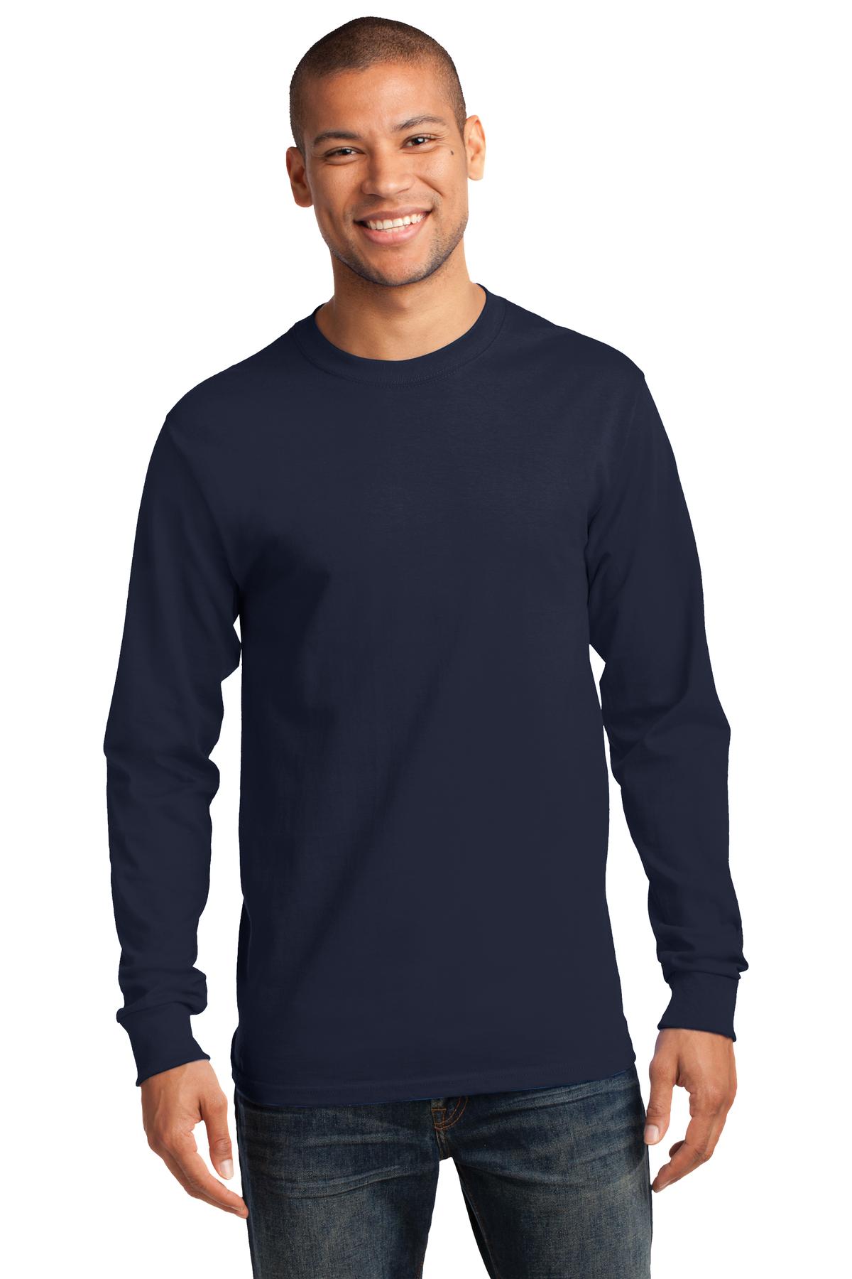 Front View of Deep Navy Port & Co Long Sleeve Essential Tee. PC61LS plain