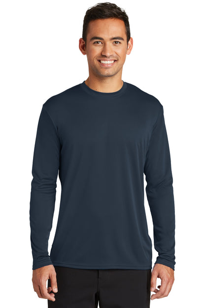 Front View of Deep Navy Port & Co Long Sleeve Performance Tee. PC380LS plain