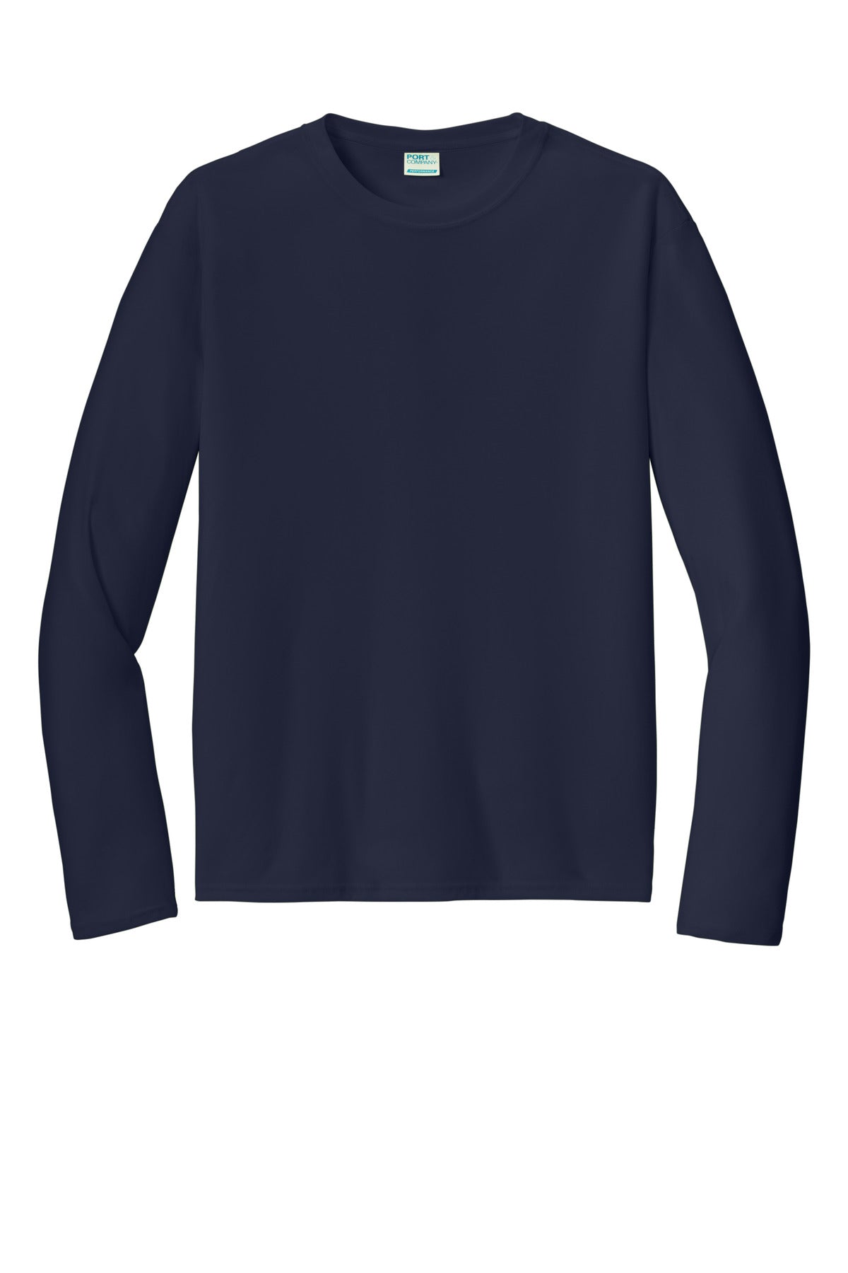 Front View of Deep Navy Port & Co Long Sleeve Performance Tee. PC380LS plain