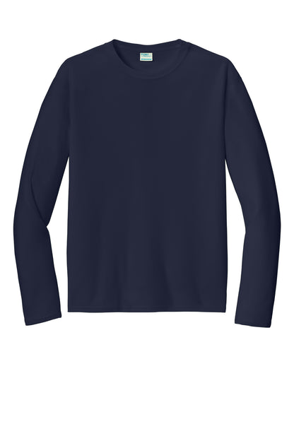 Front View of Deep Navy Port & Co Long Sleeve Performance Tee. PC380LS plain