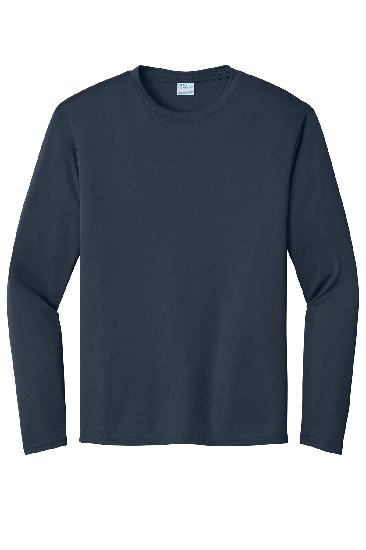 Front View of Deep Navy Port & Co Long Sleeve Performance Tee. PC380LS plain