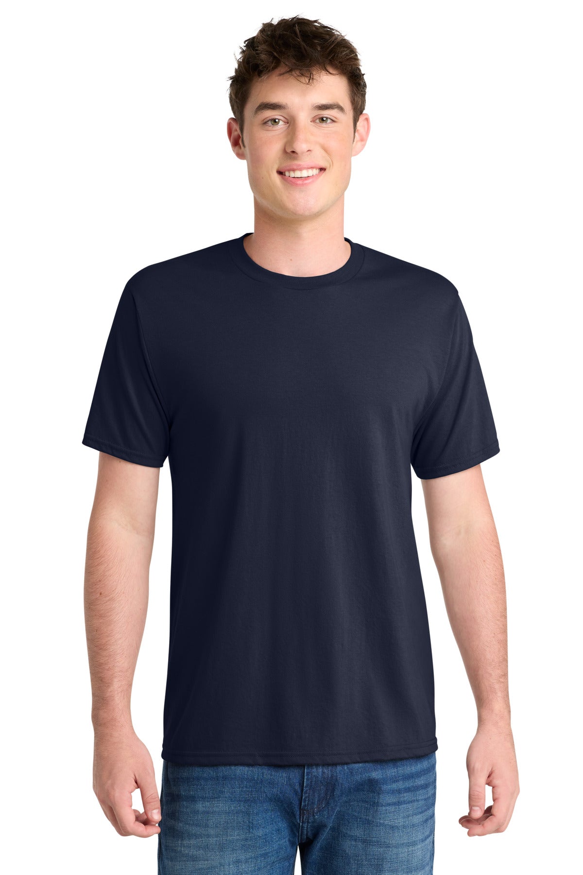 Front View of Deep Navy Port & Co Performance Blend Tee. PC381 plain