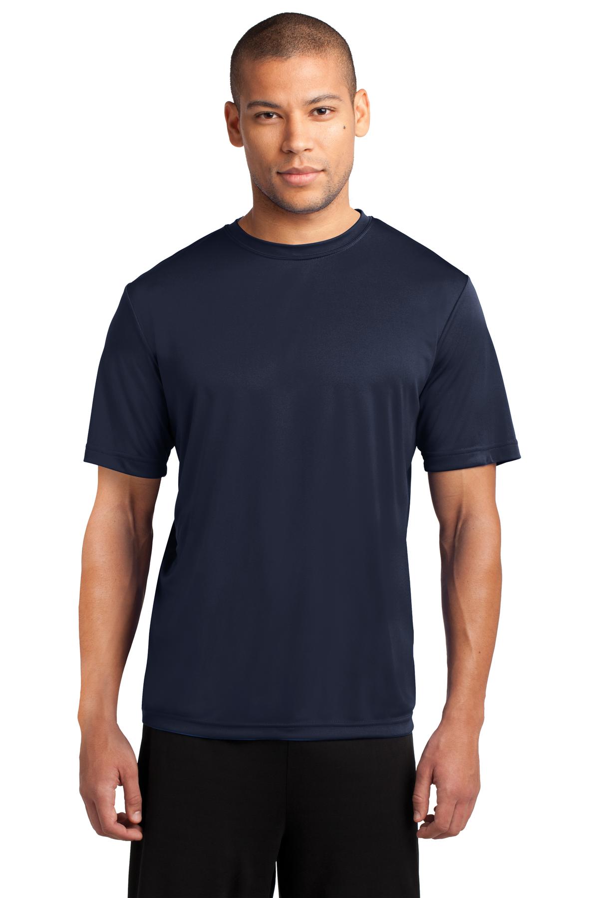 Front View of Deep Navy Port & Co Performance Tee. PC380 plain