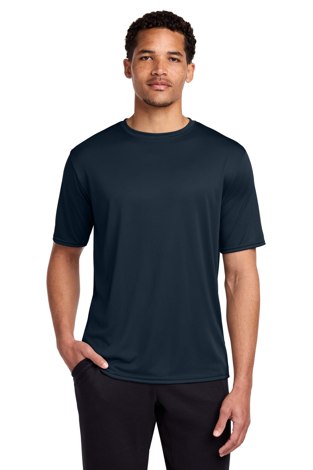 Front View of Deep Navy Port & Co Performance Tee. PC380 plain