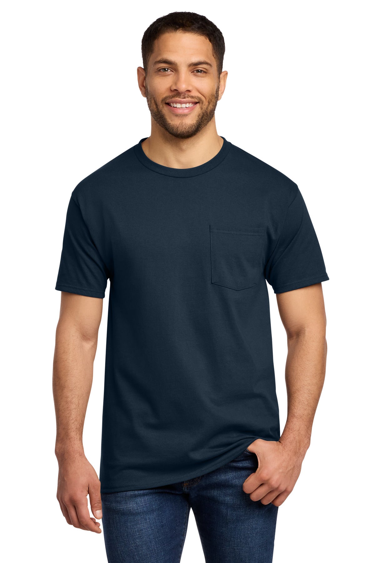 Front View of Deep Navy Port & Co Tall Essential Pocket Tee. PC61PT plain