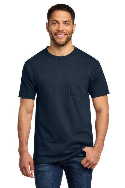 Front View of Deep Navy Port & Co Tall Essential Pocket Tee. PC61PT plain